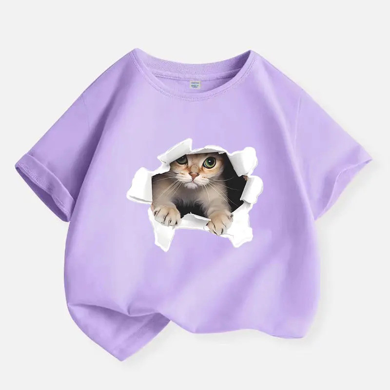 100% ผ้าฝ้าย เสื้อ Y2K ใหม่ ลายแมวขี้อาย เสื้อยืดเด็กผู้หญิง สีแอปริคอท เสื้อผ้าฝ้ายสำหรับเด็ก เสื้อ