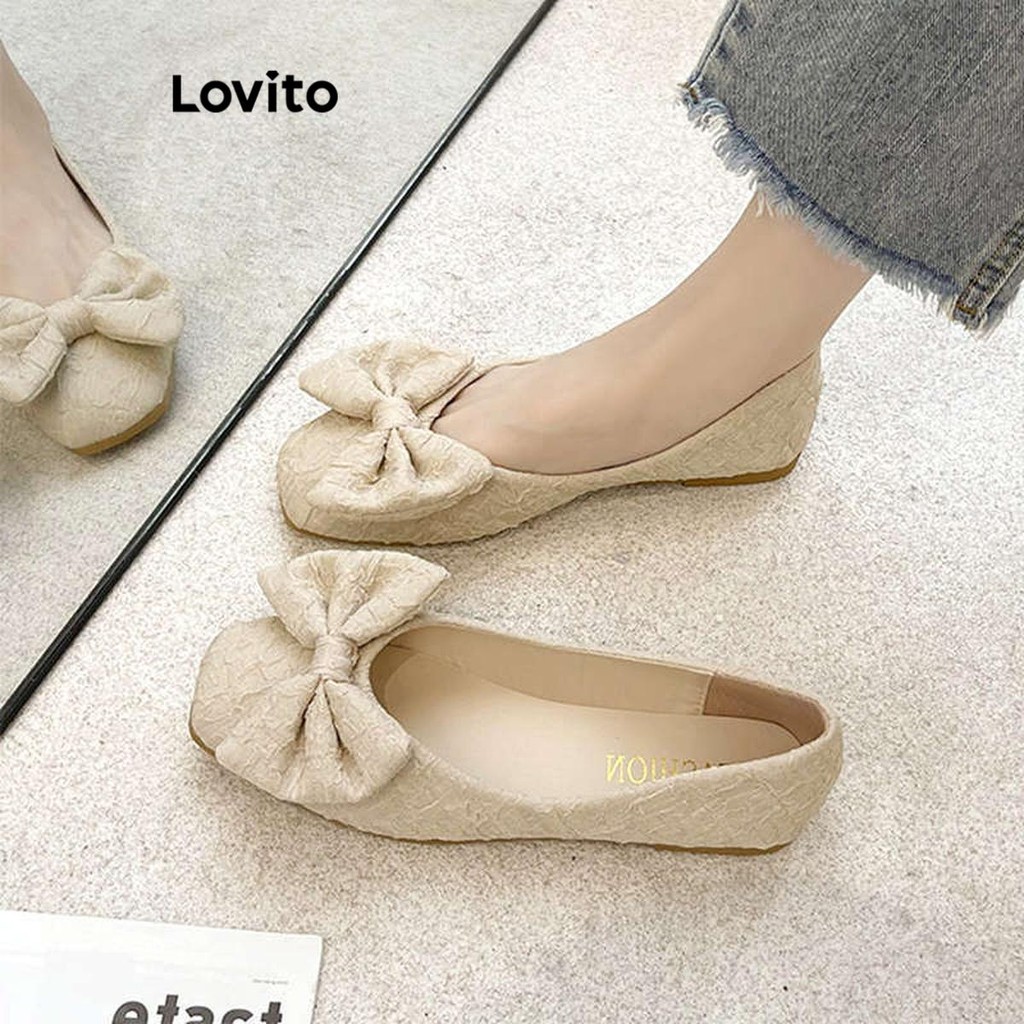 Lovito ลําลองธรรมดาโบว์ประกบอเนกประสงค์ด้านล่างนุ่มกันลื่นบัลเล่ต์แบนสําหรับผู้หญิง LFA59322