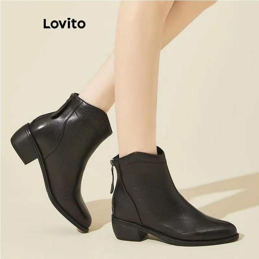 Lovito รองเท้าบูทหนังนิ่มส้นแหลมลายหินสไตล์เกาหลีสำหรับผู้หญิง LFA62295