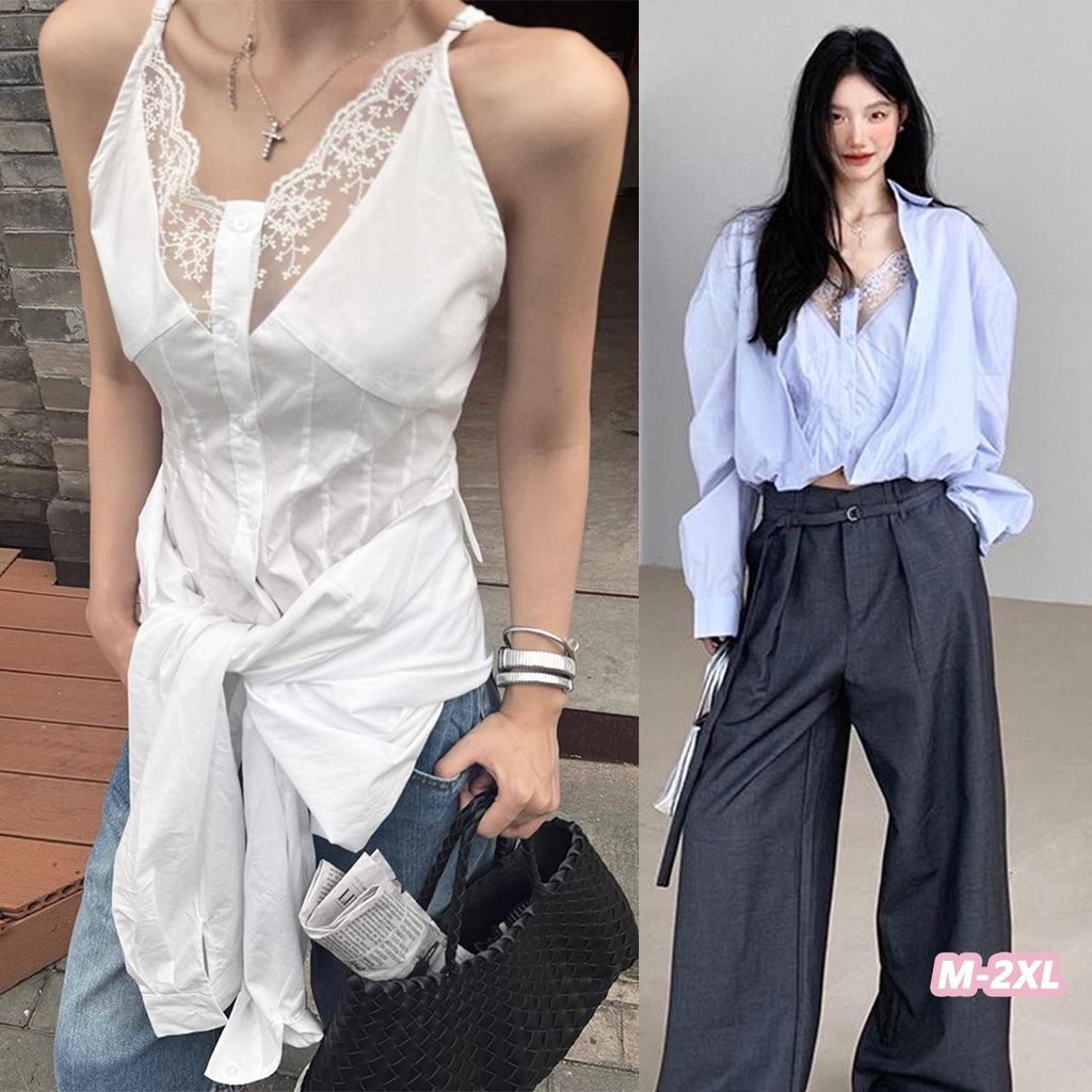 Grace  เสื้อเชิ้ตแขนยาวลูกไม้สีน้ำเงิน เสื้อเชิ้ตปลอมสองชิ้น เสื้อคอวียาว เสื้อกั๊กลูกไม้แขนกุด ออกแบบอย่างประณีต W568