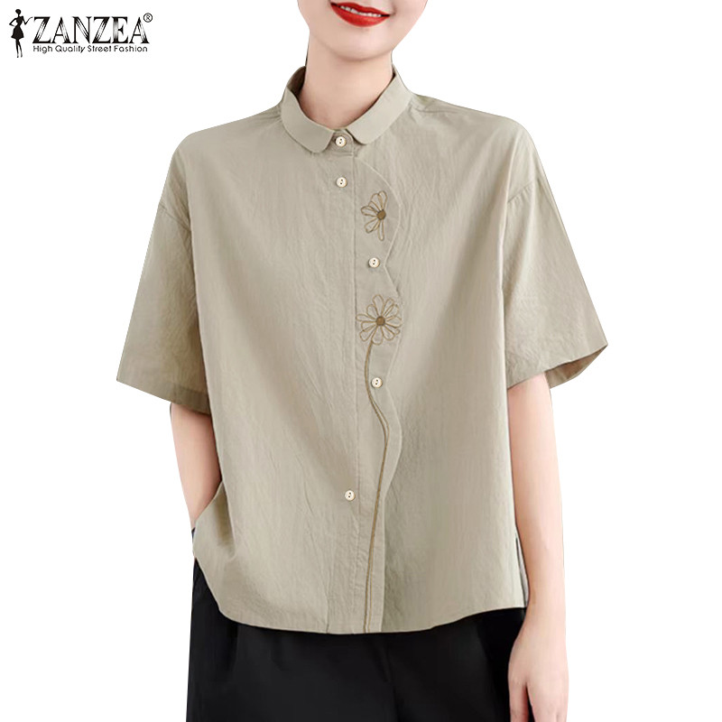 ZANZEA ซานเซีย ผู้หญิงเกาหลีแฟชั่นลําลองแขนสั้นเย็บปักถักร้อยดอกไม้เสื้อหลวม