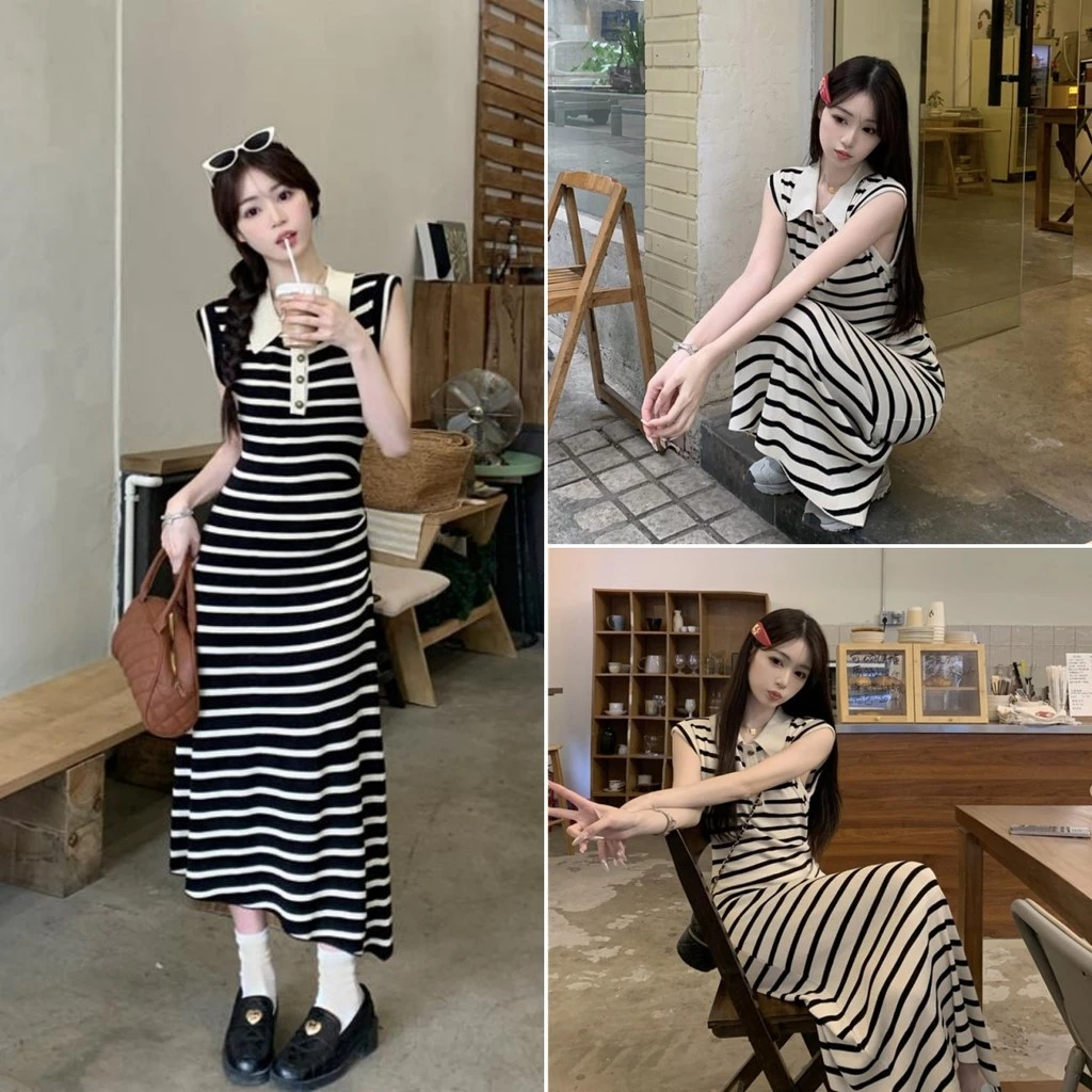 Luna Shop กระโปรงยาวแฟชั่นสําหรับผู้หญิง ชุดเดรสลำลอง สไตล์เกาหลีเรียบง่าย ปลอบโยน ลายทาง🍒 พร้อมส่ง 💕