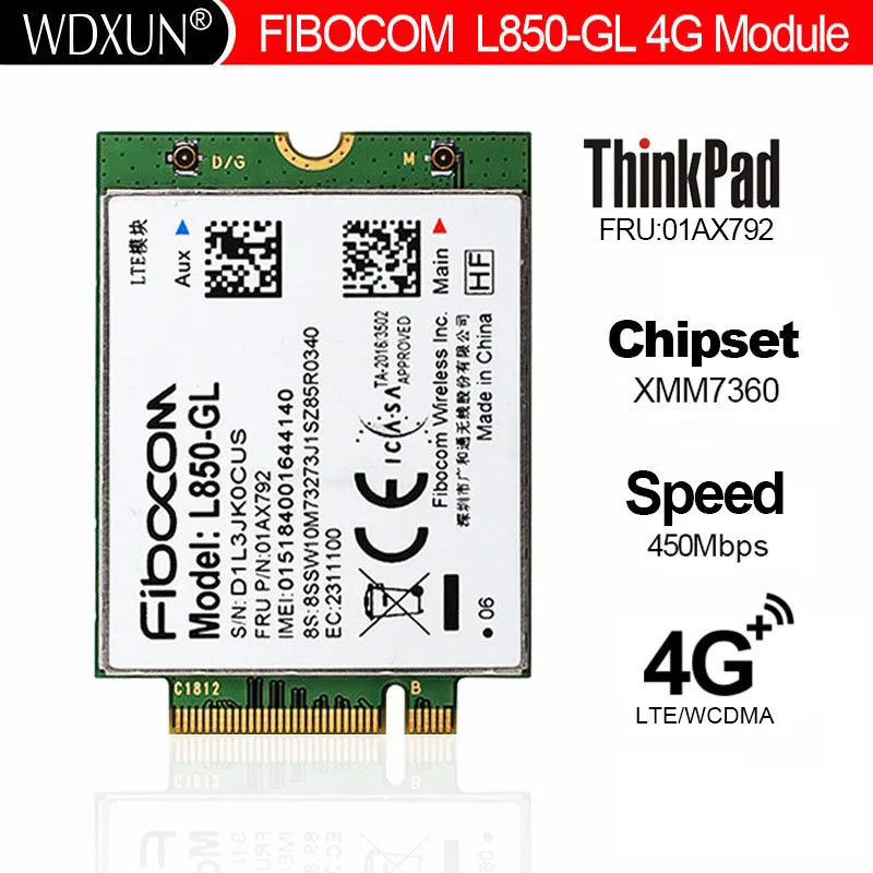 4G LTE โมดูลไร้สาย Fibocom L850-GL FRU 01AX792 M.2 WWAN การ์ดสําหรับ ThinkPad X1 คาร์บอน Gen6 X280 T