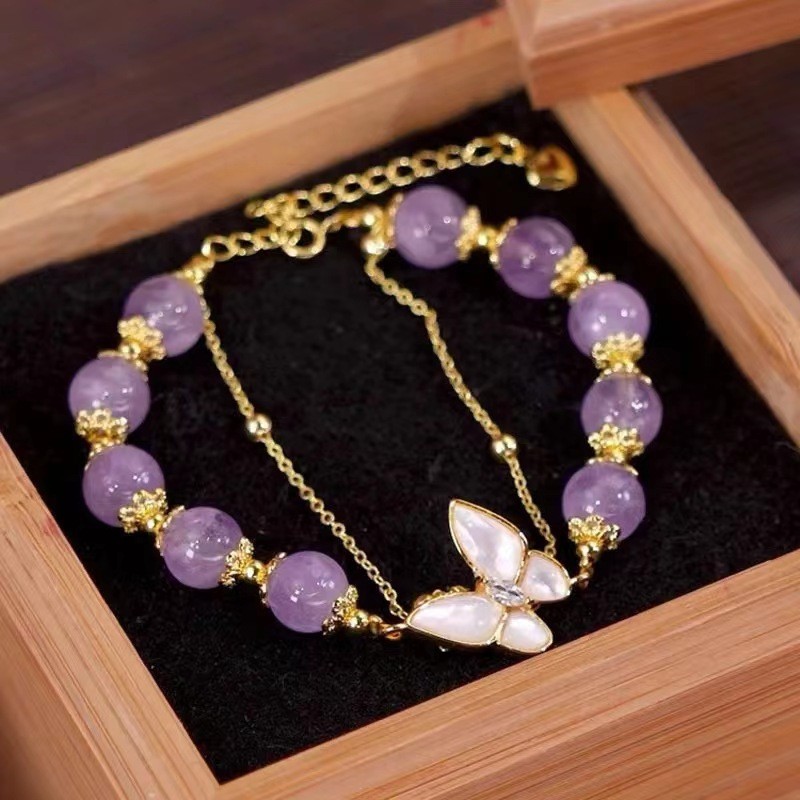 Amethyst ผีเสื้อ Double-Layer สร้อยข้อมือหญิงสีม่วง Chalcedony ของขวัญ Tulip หรูหราประณีตแฟน High-End ปลอดภัยสร้อยข้อมือที่มีสีสัน
