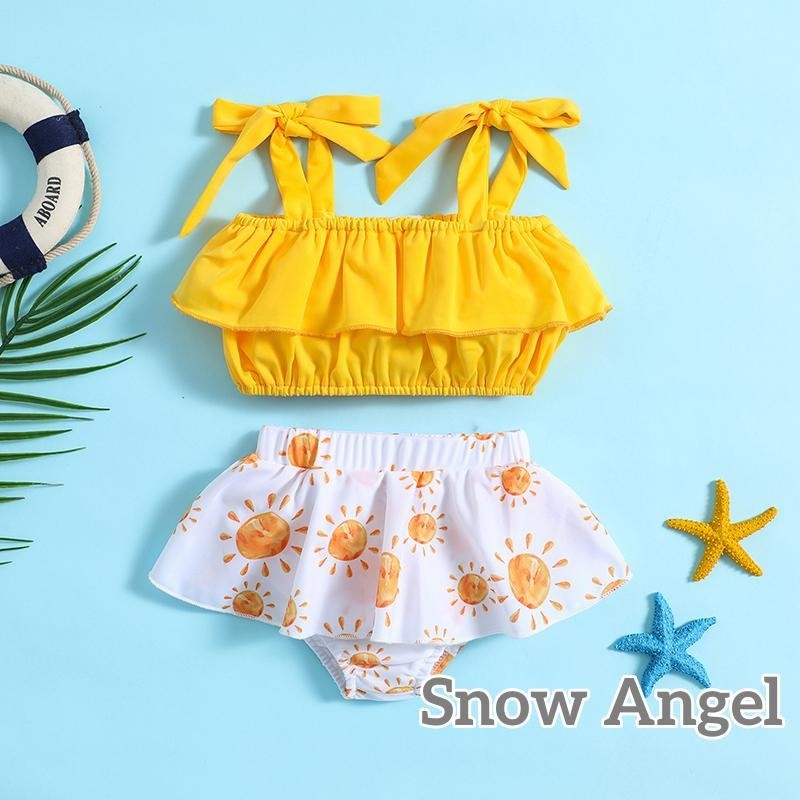 ทารกเด็กทารกเด็กชุดว่ายน้ําสองชิ้นน่ารักฤดูร้อน Tie-up Strap Crop Tops + Ruffle Tutu กางเกงขาสั้นเด็กวัยหัดเดินชุดว่ายน้ํา Beachwear 0-3Y