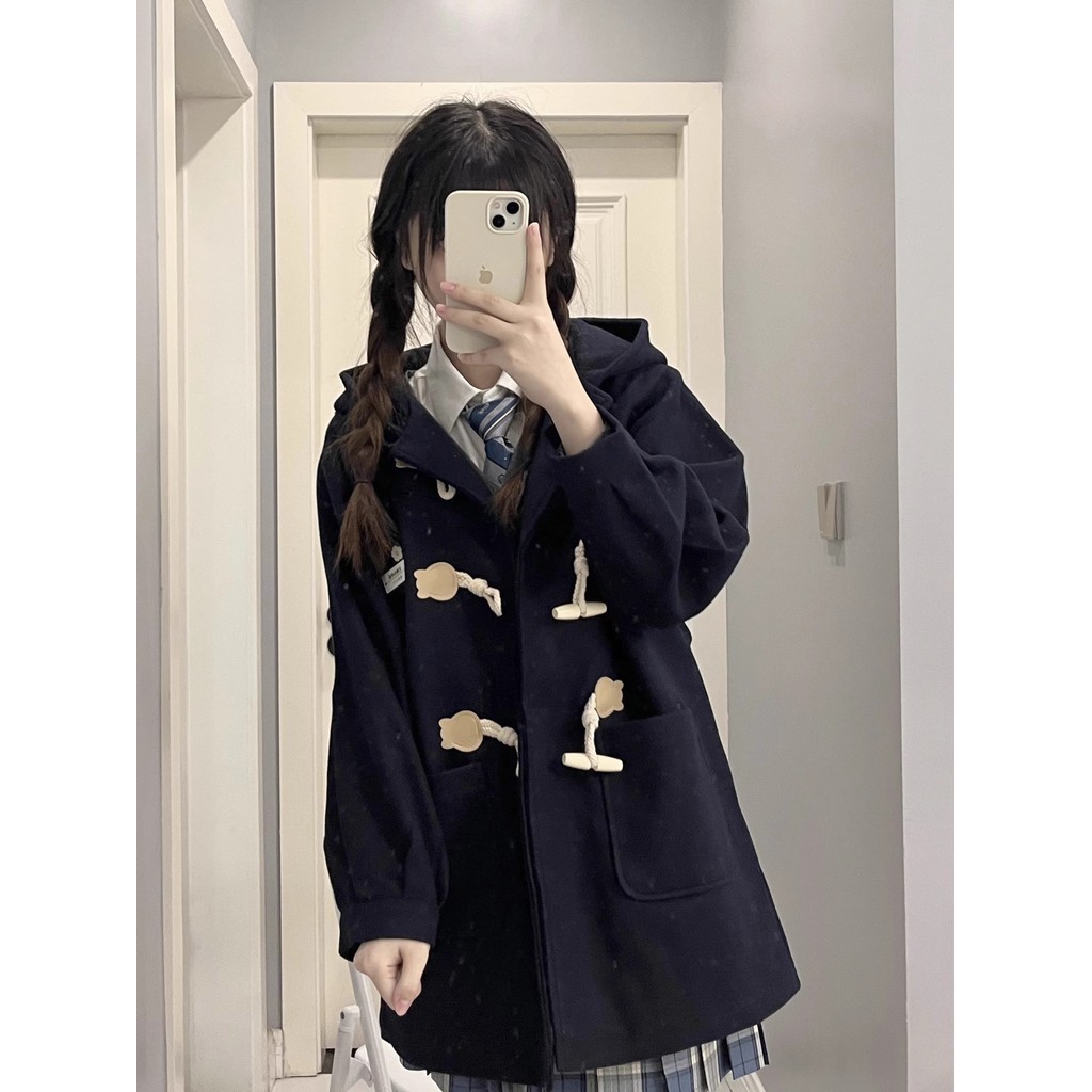 เสื้อโค้ทขนาดเล็กกลางความวผู้หญิงหนา เตรียมใจ สไตล์เสื้อคลุมด้วยผ้า] ปุ่มฮอร์นทําด้วยผ้าคู่คลุมด้วยผ้า[ผู้หญิงฤหนาว
