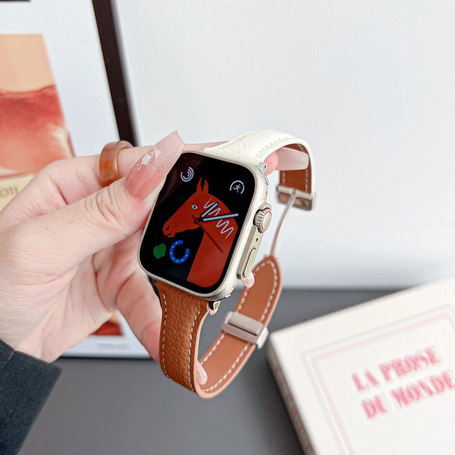 สายนาฬิกาข้อมือหนังแท้ แต่งหัวเข็มขัดแม่เหล็ก สําหรับ Apple Watch 9 8 7 6 5 4 3 2 1 SE Ultra2