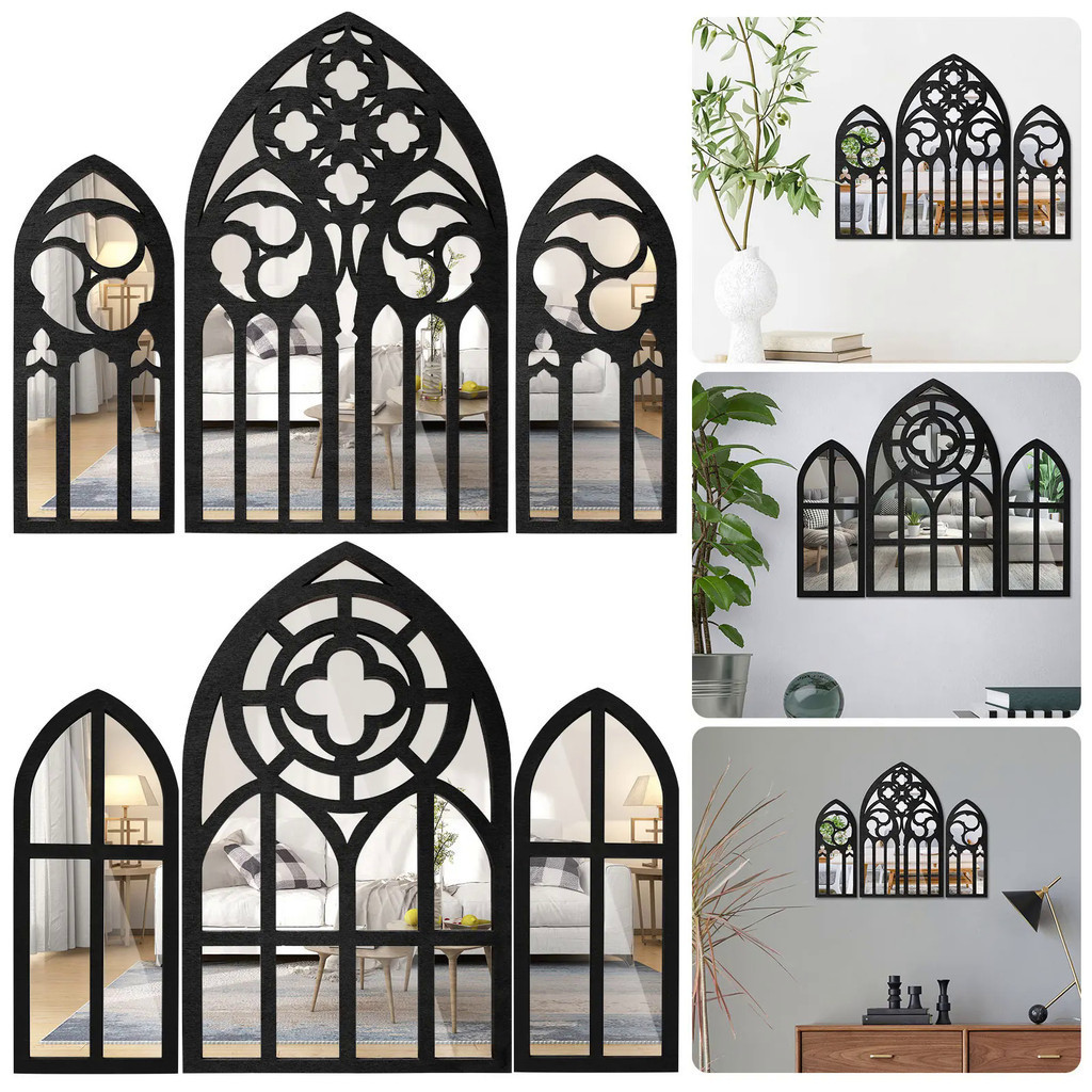 3 Pcs Arched Mirror Set Vintage Wall Mounted Mirror Wall Decoration Gothic Room Decoration Window Mi