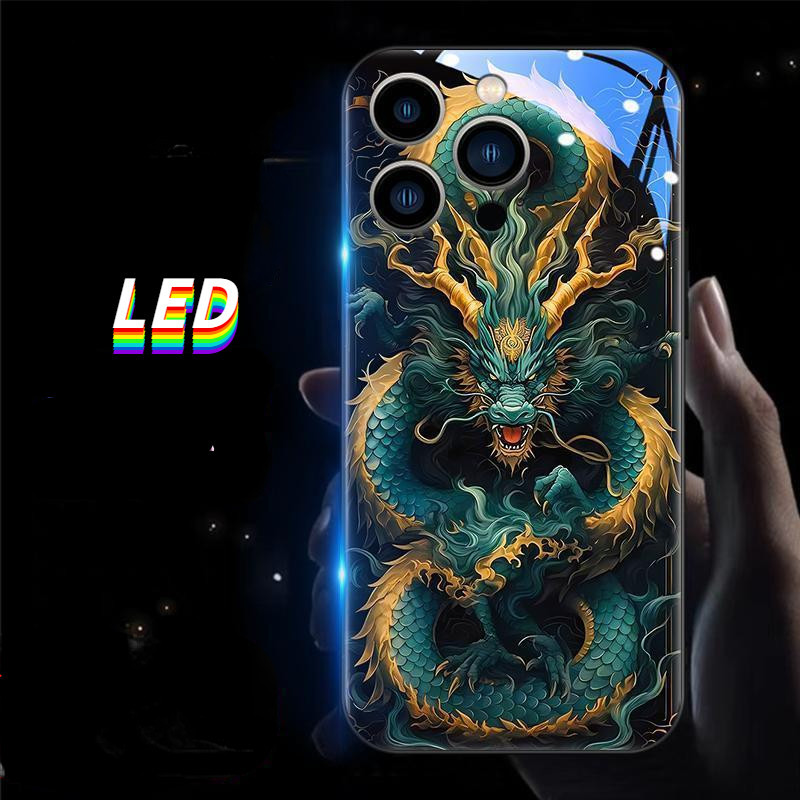 เคสโทรศัพท์มือถือ ลายมังกรสีทอง มีไฟ LED เรืองแสง สําหรับ iPhone 15 15Promax 15plus 15pro 14Promax 14pro 14 13Promax 13 13pro 12ProMax 12pro 11ProMax 11pro