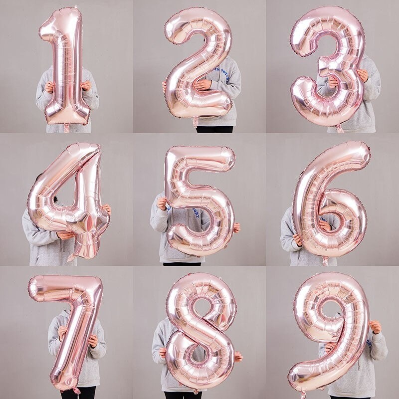 ลูกโป่งฟอยล์ตัวเลขแชมเปญสีโรสโกลด์สําหรับตกแต่งวันเกิดเด็ก 32 นิ้ว