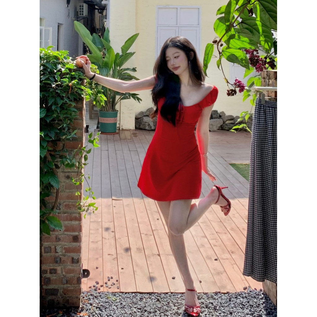Xiao Red Vacation Laced-Up แขนสั้นชุดผู้หญิงฤดูร้อนสไตล์ใหม่ Slim-Fit สาวร้อน a-Line กระโปรงแคบ-เอวสวยกระโปรงสั้น Fle