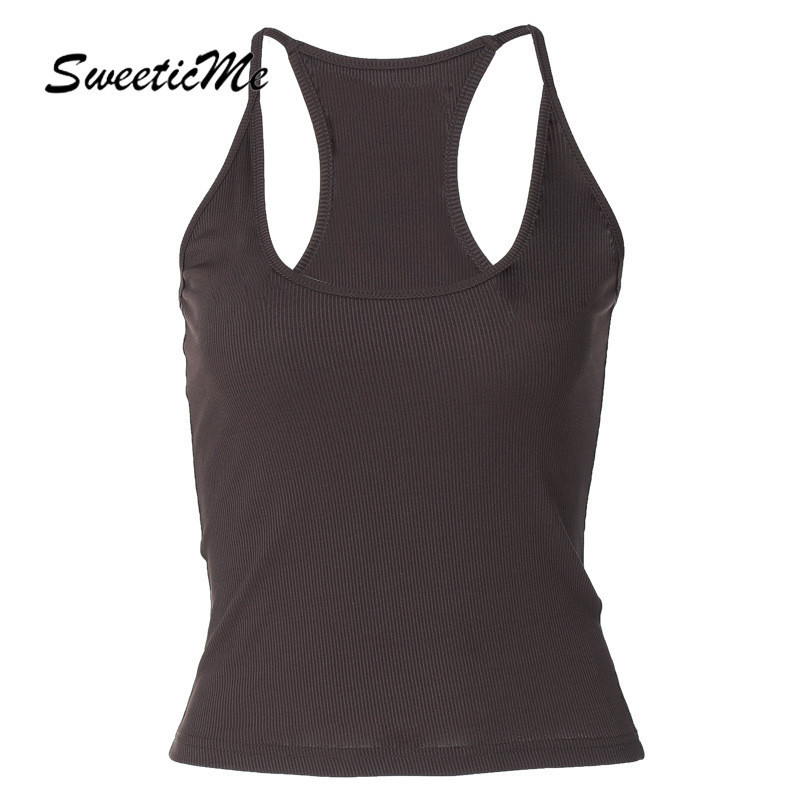 Sweeticme เสื้อกล้ามลําลอง คอยู เข้ารูป สีพื้น เซ็กซี่ แฟชั่นใหม่ สําหรับสตรี 2024