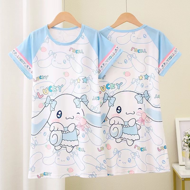 พร้อมสต็อก 105-155ซม ฤดูร้อนสาวการ์ตูนเสื้อสวมหัวแขนสั้น ชุดนอน กลางเด็กใหญ่บางชุดเจ้าหญิงสไตล์