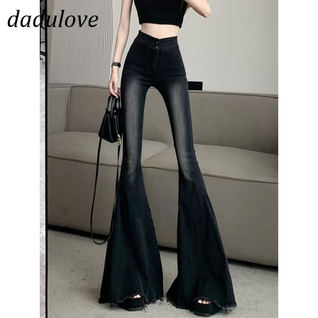 DaDulove2026 กางเกงยีนส์เอวสูงสีดำ Smoke ทรง Flare ไซส์ใหญ่ ชายขอบรุ่ย ใส่แล้วดูยาว เซ็กซี่