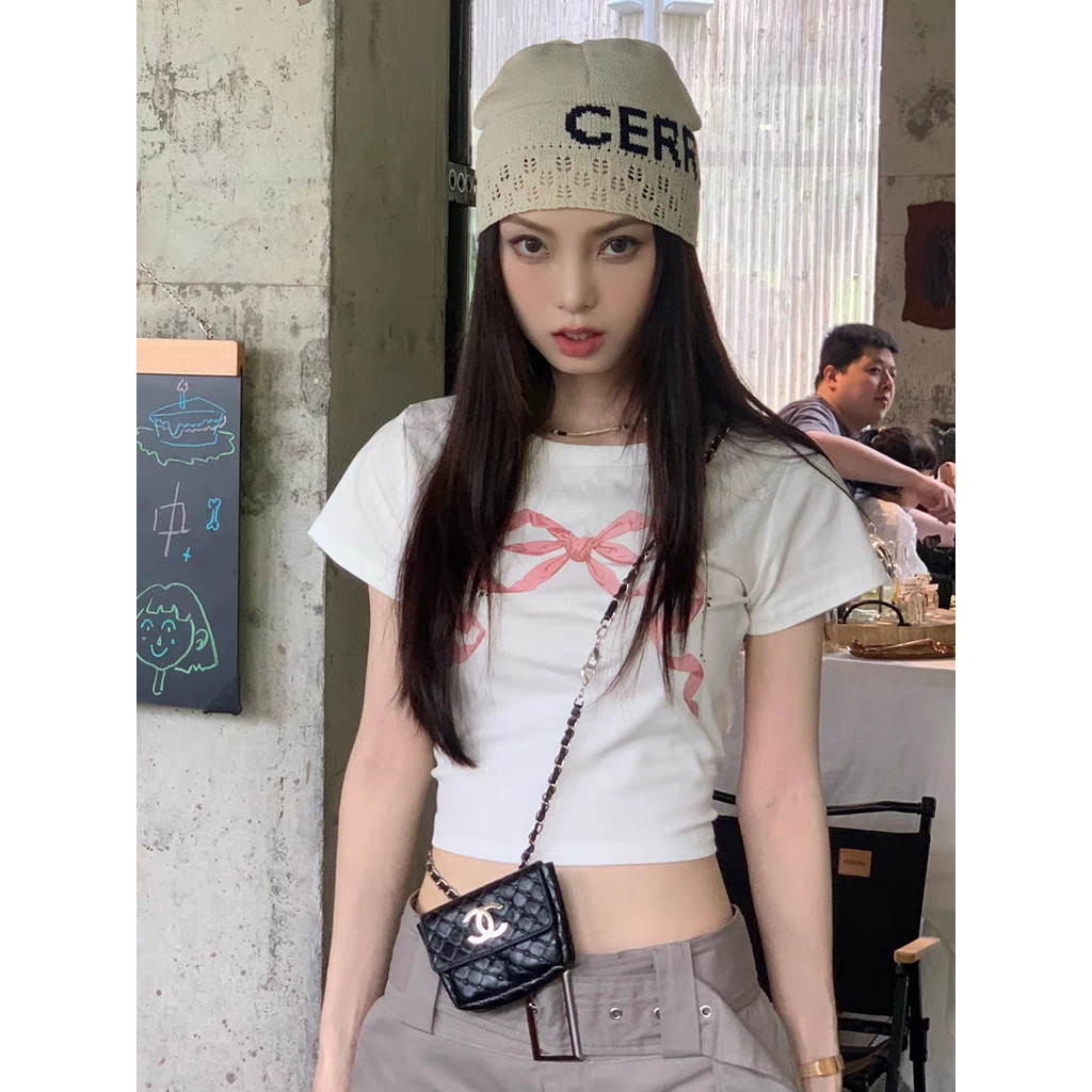 （จัดส่งตลอด 24 ชั่วโมง）BOOM SHOP เสื้อยืด ประดับโบว์ ทรงสลิมฟิต แฟชั่นฤดูร้อน