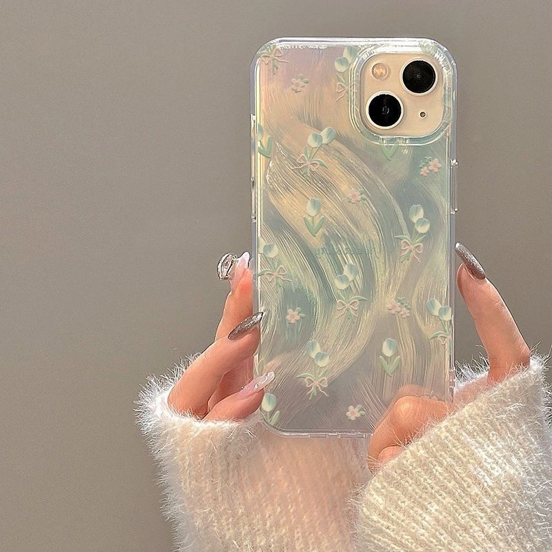 สไตล ์ ใหม ่ รูปแบบขนนกสีฟ ้ าทิวลิปดอกไม ้ เหมาะสําหรับ iPhone15promax เคสโทรศัพท ์ Apple 14 13 12 11 XSmax XR 8plus 7 Niche High-End Shock-proof ฝาครอบป ้ องกัน