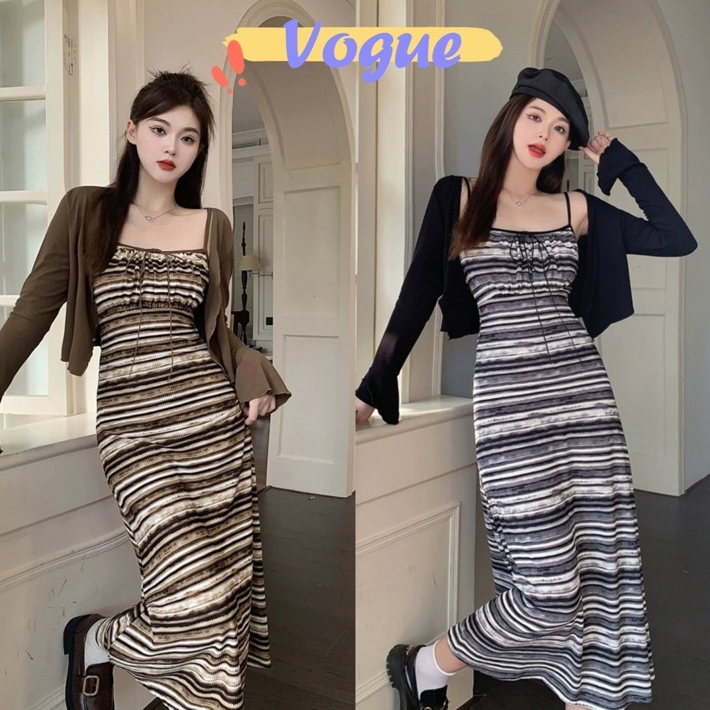 Vogue พร้อมส่ง ชุดเดรสไหมพรม สายเดี่ยว กระโปรงยาว ลายทาง (M5636)