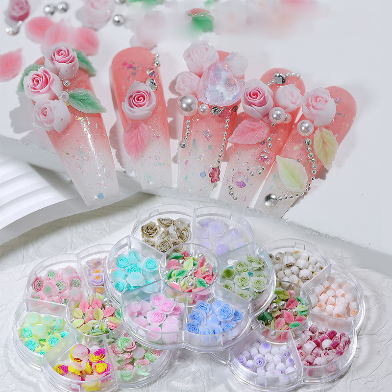 7 กริดสีชมพูสีขาว Rose ดอกไม ้ Bownot Pearl 3D ตกแต ่ งเล ็ บผสม Charms อุปกรณ ์ เสริมเล ็ บ