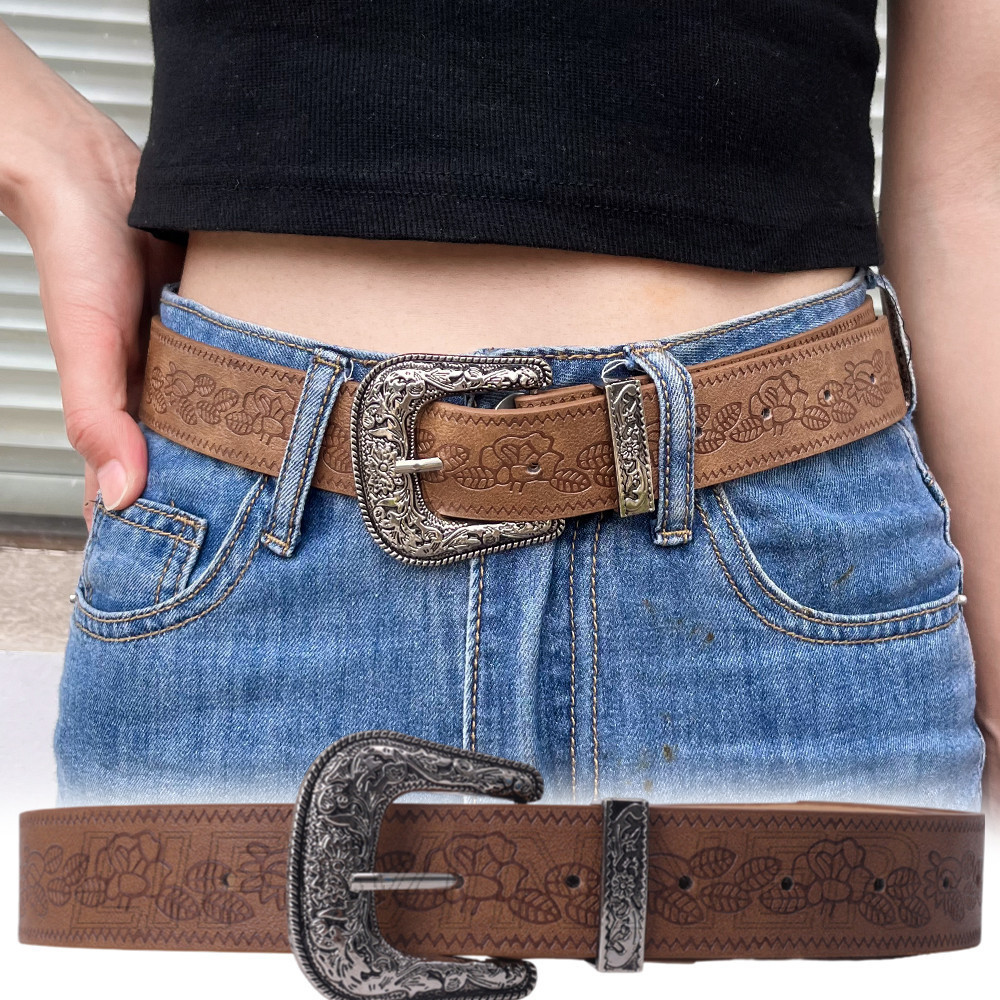 เข็มขัดหนัง ปู่ -สําหรับสาวเผ็ด-แฟชั่น,ย้อนยุค,ฮิปฮอป,ย2เค -อุปกรณ์เสื้อผ้า-เข็มขัดเอวด้วยหมุดหัวเข็มขัดพิมพ์ลาย-เข็มขัดสีน้ําตาลสําหรับกระโปรงกางเกง