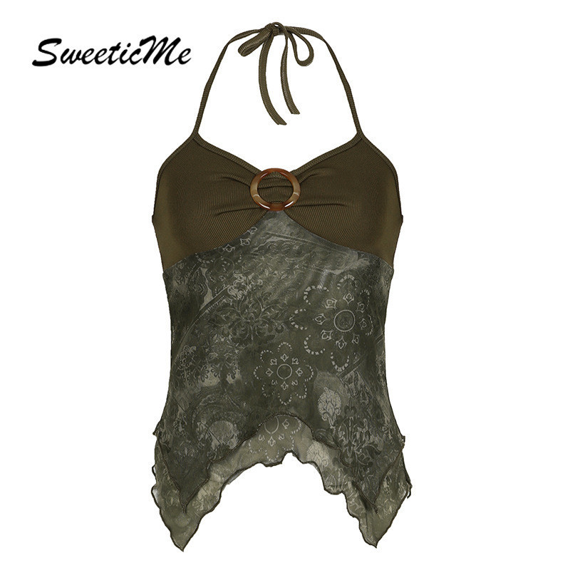 Sweeticme ผู้หญิง 2024 ใหม่แฟชั่น Retro พิมพ์ Halter Backless เสื้อกล้ามไม่สม่ําเสมอ Camisole