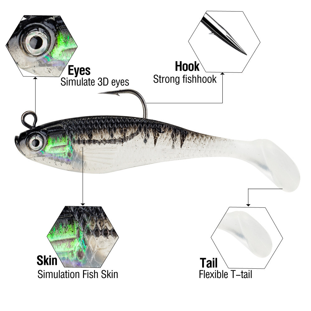 เหยื่อตกปลานุ่ม Pre-Rigged Jig Head 5 ชิ้น 8 เซนติเมตร/9 กรัมเหยื่อตกปลา T หาง Swimbait สําหรับเบสตกปลา Sinking เหยื่อตกปลาสําหรับน้ําเค็มน้ําจืด - รูปที่ 5