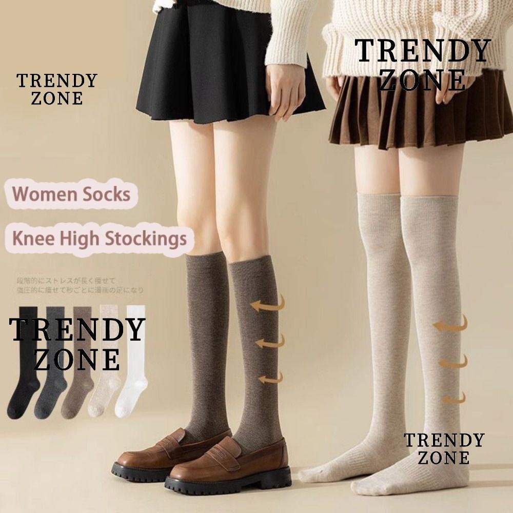 TRENDYZONE ถุงเท้ายาวผ้าฝ้ายสีทึบสูงเหนือเข่าสําหรับสาวสุภาพสตรี