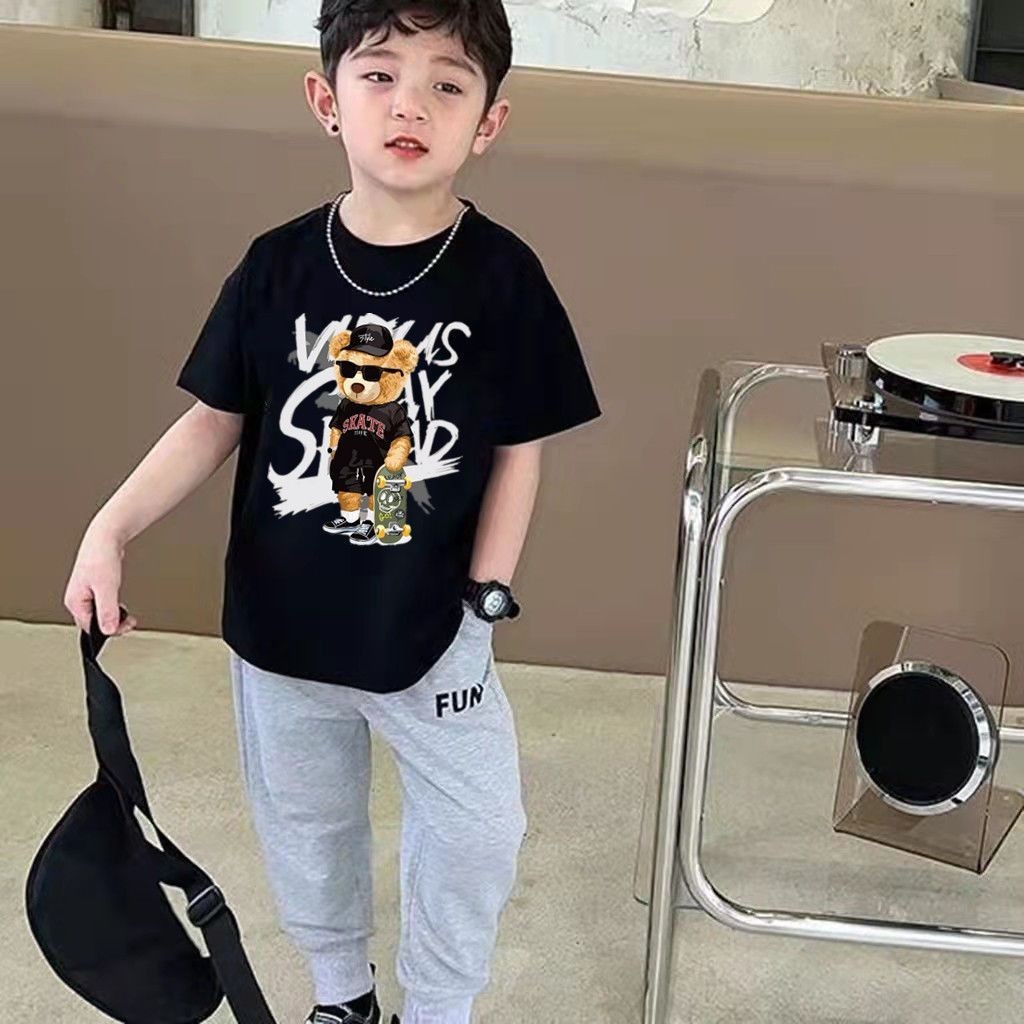ใหม่ เสื้อยืดแขนสั้นอินเทรนด์พิมพ์ลายหมีตลกสำหรับผ้าฝ้ายสำหรับเด็กเสื้อยืดสำหรับเด็กผู้ชายและเด็กผู้หญิงเสื้อยืด3T-14T เ