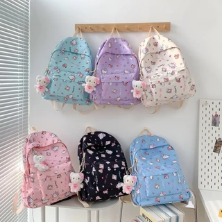 SANRIO กระเป๋าเป้สะพายหลัง ซานริโอ Hello Kitty สําหรับนักเรียนความจุขนาดใหญ่น้ําหนักเบาพิมพ์แฟชั่นกระเป๋าการ์ตูนหญิงอเนกประสงค์