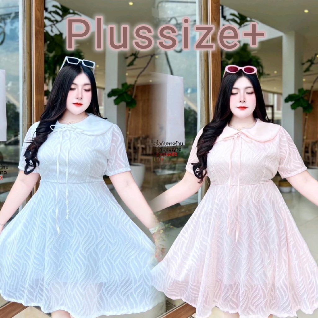 Plussize207 เดรสชีฟองสาวอวบ เดรสปักลาย