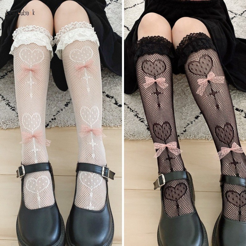 Student's Pink Bowknot Mesh Calf Socks Ladies's Sexy Print Love Heart Hollow Out Lace Stockings Lolita Sweet Solid Fishnet Ruffled Socks