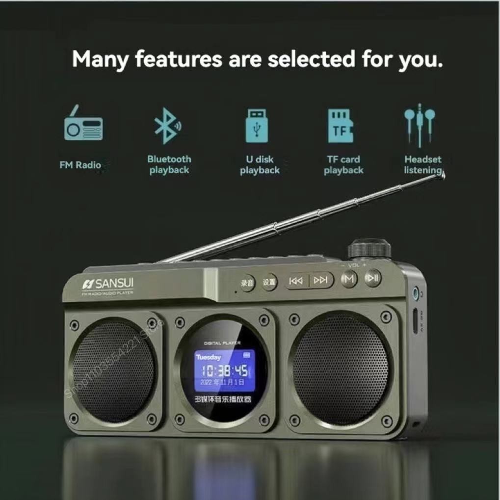 Sansui F28 วิทยุ FM แบบพกพา MP3 Walkman การ ์ ดกลางแจ ้ งลําโพงบลูทูธไร ้ สาย Hi-fi คุณภาพเสียง LED นาฬิกาเนื ้ อเพลงจอแสดงผล