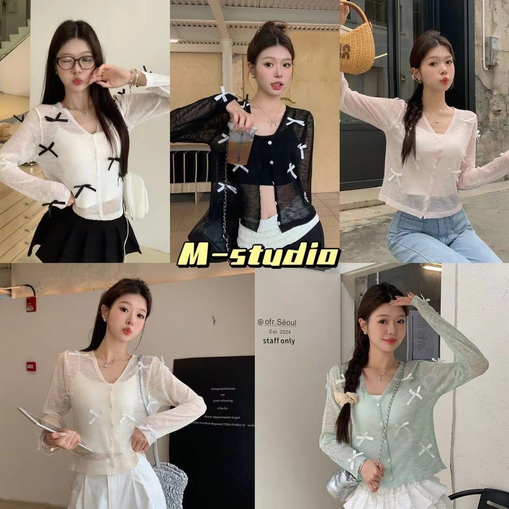 Maze⭐️พร้อมส่ง⭐️เสื้อแขนยาวแต่งโบว์น่ารักๆสีพาสเทลหวานผ้าบางสวมใส่สบายในช่วงฤดูร้อน เสื้อคลุมกันแดดแขนยาว(J180)