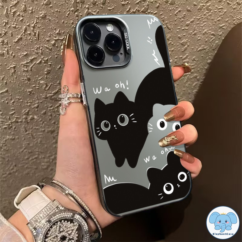 การ์ตูนเย็นแมวสีดำลูกแมวน่ารักอากาศหรูหราฝาครอบเลนส์โลหะ iPhone 11 XR 15 13 12 14 Pro Max 8 15 14 7 Plus SE X XS Max