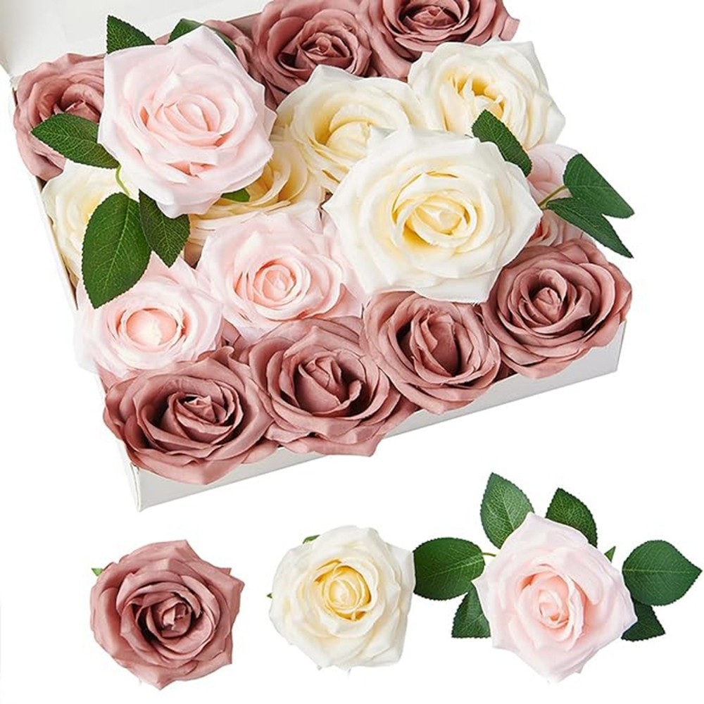 Dusty Rose ดอกไม้ประดิษฐ์ดอกกุหลาบปลอมผ้าไหมกุหลาบจริงกําลังมองปลอมดอกไม้ Stems สําหรับ DIY ช่อดอกไม้งานแต่งงาน Party ตาราง Centerpieces การจัดดอกไม้