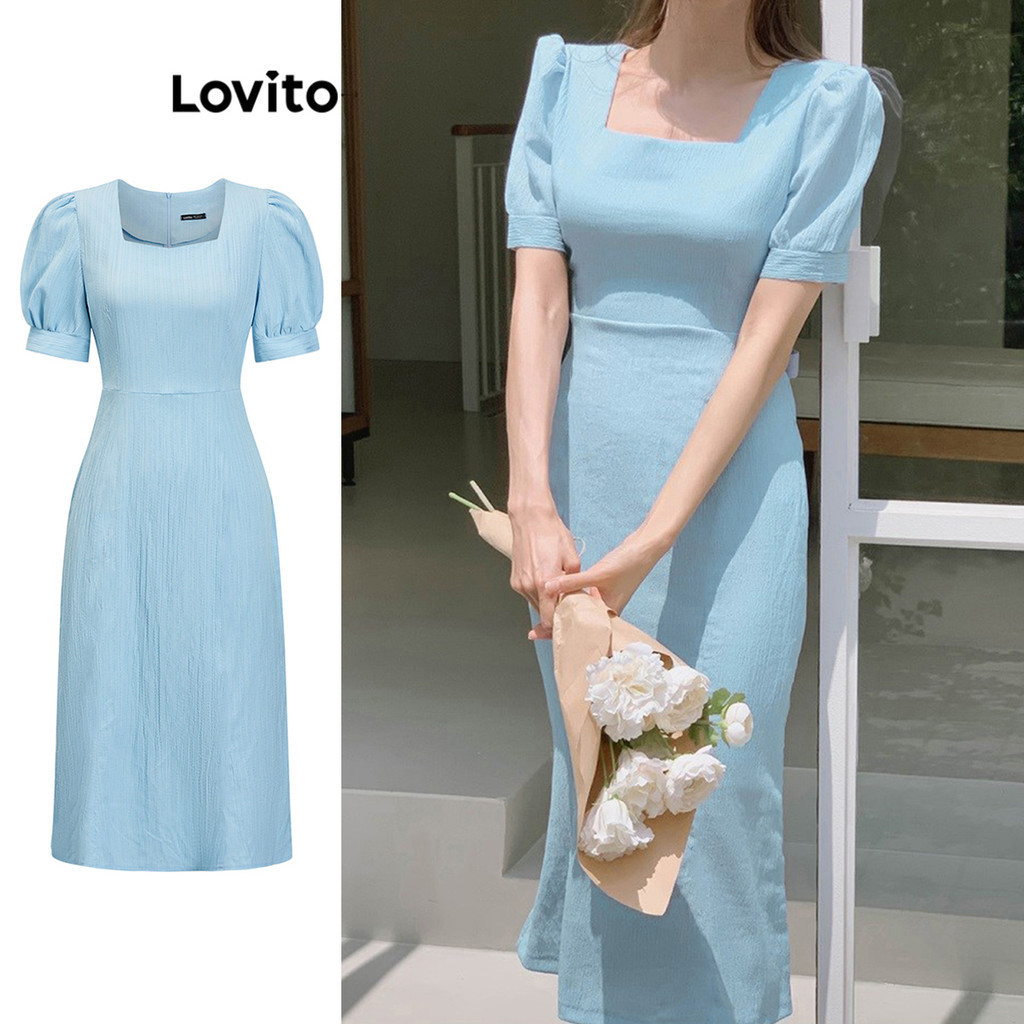 Lovito ชุดเดรสผู้หญิง เบสิก จับจีบ สีพื้น สไตล์ลำลอง L86ED200