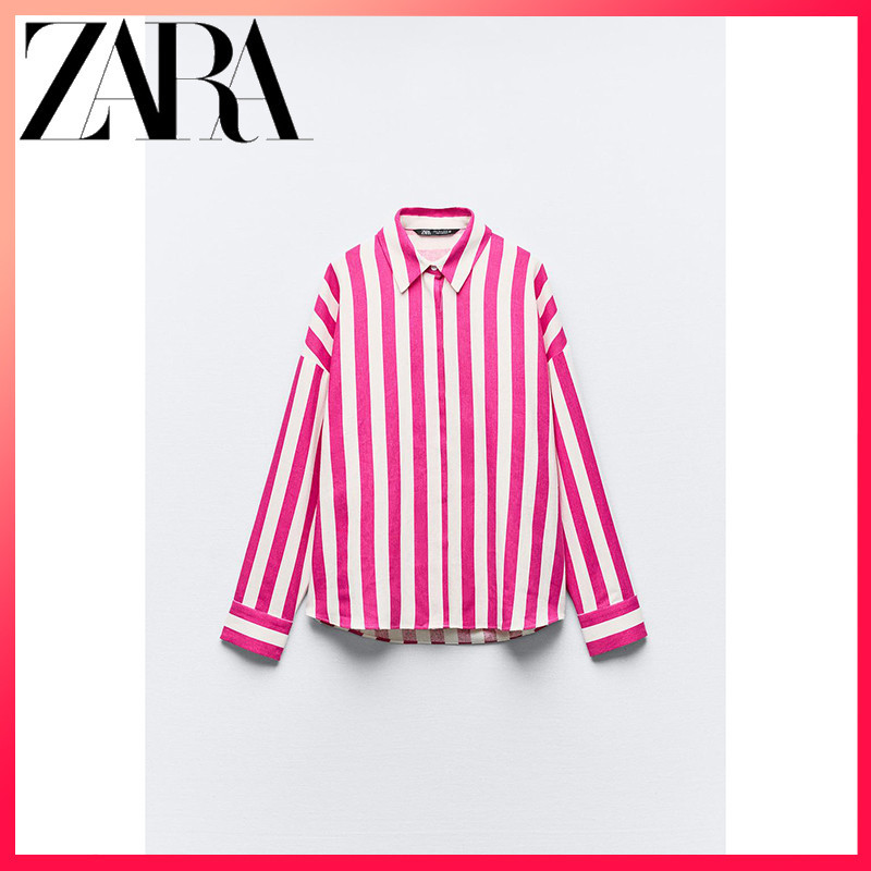 Zara 24 ฤดูร ้ อนสินค ้ าใหม ่ ผู ้ หญิงผ ้ าลินินผสมลายขนาดใหญ ่ เสื ้ อ