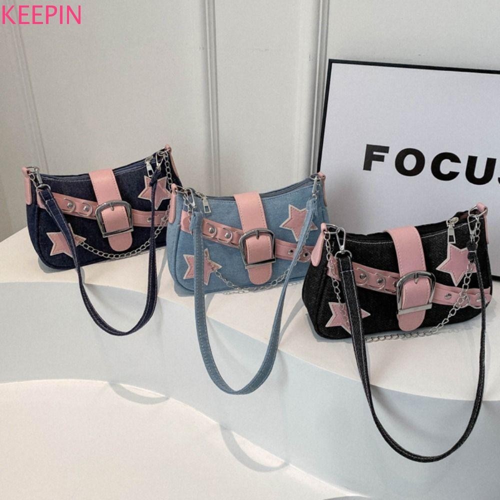 Keepin Y2k Underarm Bag, Handbag Star Pattern Korean Style Shoulder Bag, Casual Tote Bag Chain Denim Tote Bag Girls