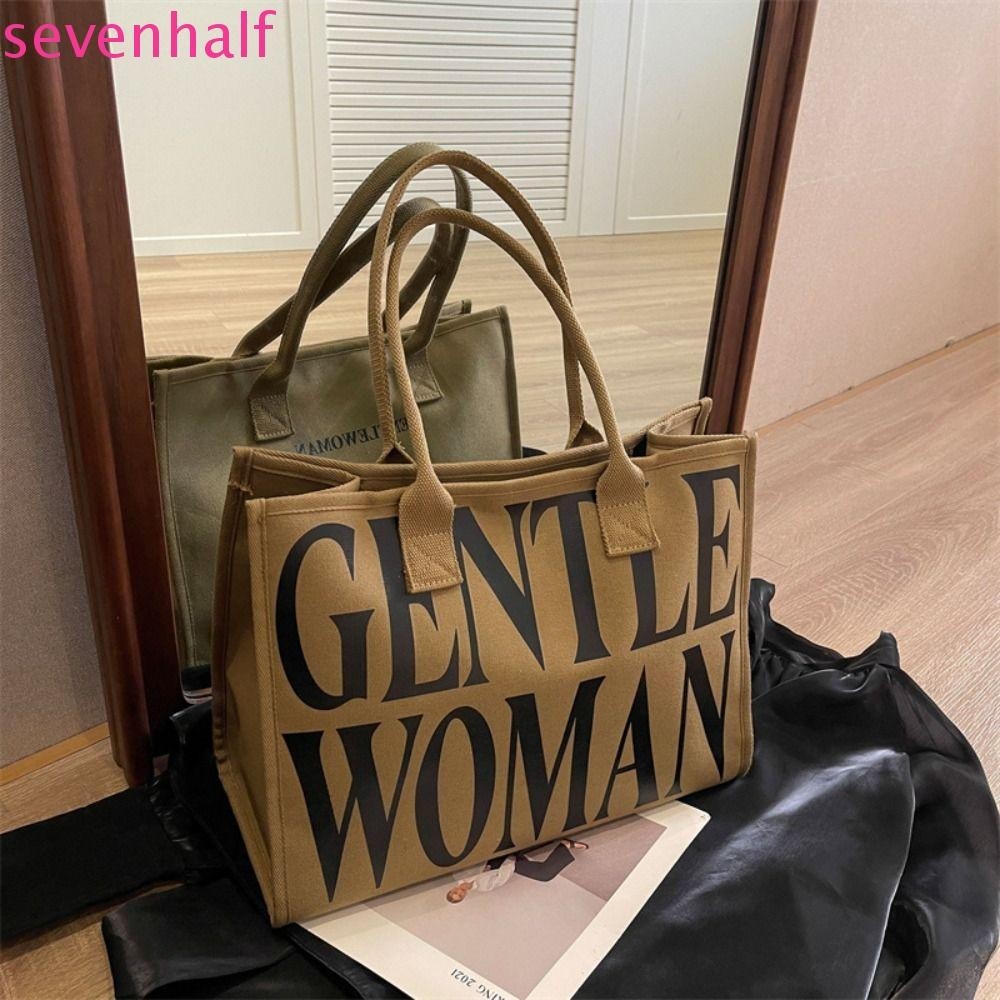 Sevenhalf Gentlewoman Canvas Bag, Thai Printing Letter Shoulder Bag, Fashionable Handbag Large Capacity Shopping Bag Print Tote Bag Outdoor