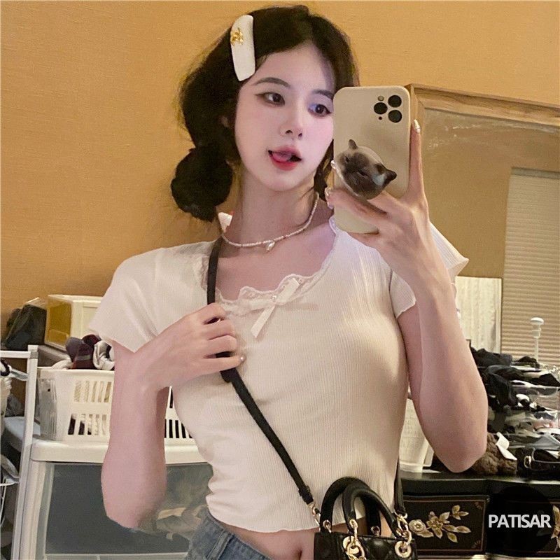 เสื้อยืดแขนสั้นโบว์ลูกไม้ผู้หญิงออกแบบเสื้อยืดสั้นกระชับสัดส่วน Sense Chic Top PR