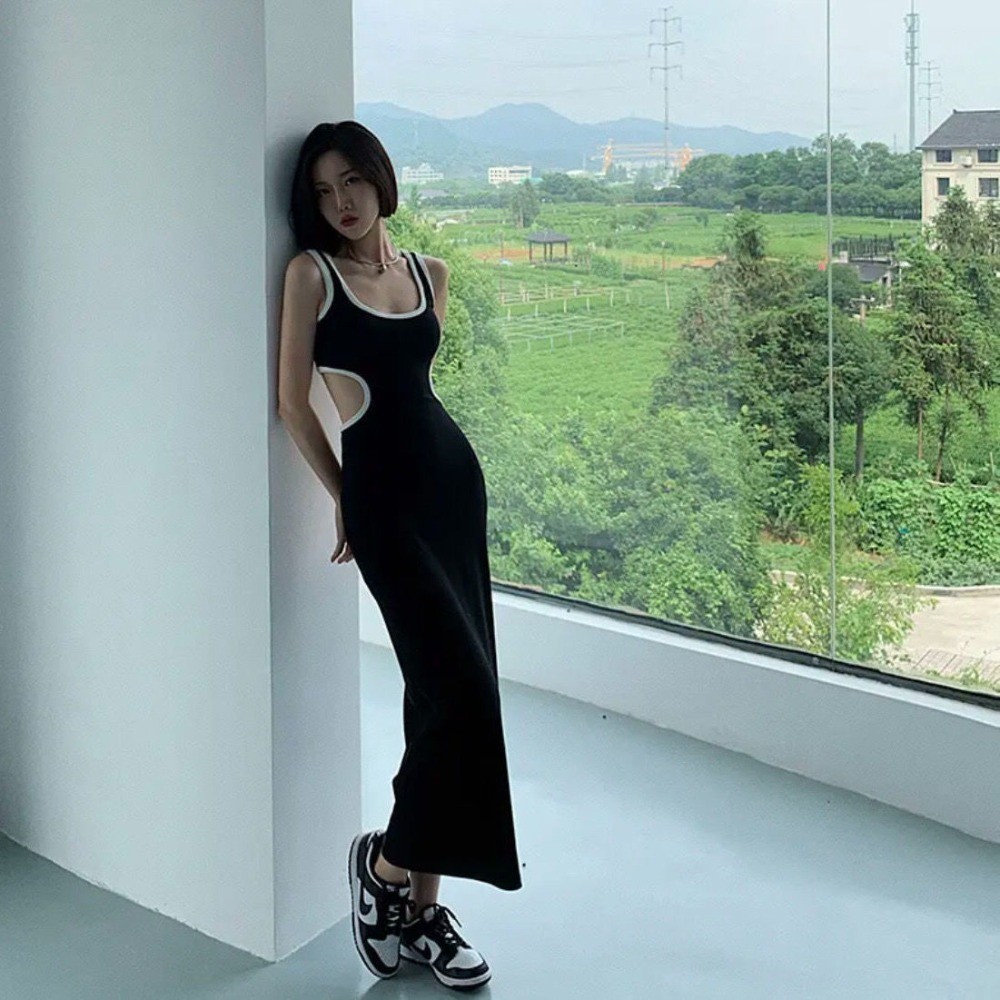 ShineSatin ฤดูร้อนใหม่สบาย ๆ กลวงออก Backless Slim Dress ชุดแม็กซี่แขนกุดแฟชั่นสำหรับผู้หญิง