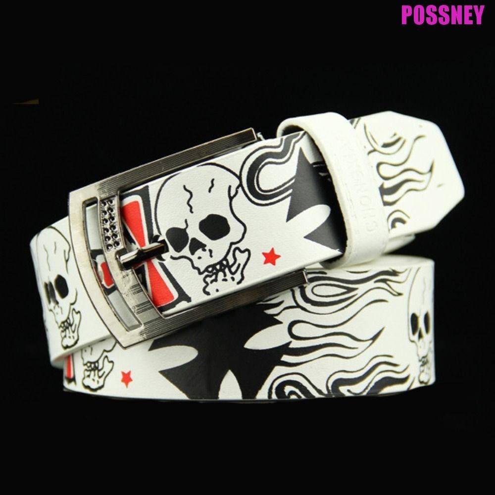 Possney เข็มขัดหนัง PU ส่วนบุคคล All-match Simple Skull Skeleton รูปแบบ Y2K Cross Pin Buckle Punk สไตล์สําหรับชายเกาหลีสายรัดเอว