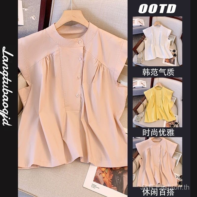 ออกแบบซอกเสื้อหวาน 2024 แฟชั่นฤดูร้อนรูปแบบใหม่หลวมฝรั่งเศสเก๋บินแขนด้านบน