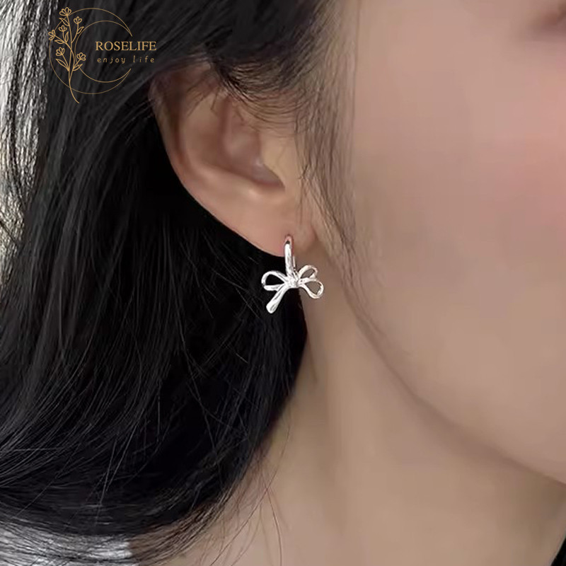 Roselife เกาหลี S925 เงินริบบิ ้ นโบว ์ Hoop ต ่ างหูผู ้ หญิงทุกวัน Bowknot รอบหูเครื ่ องประดับอุปกรณ ์ เสริม