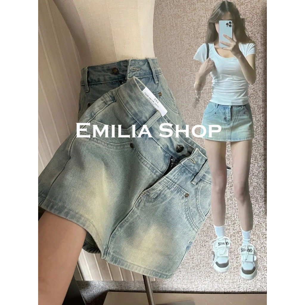 EMILIA SHOP กางเกงยีนส์ผู้หญิง กางเกงยีนส์ขาสั้น นุ่มนวล เท่ สไตล์ ล้ำสมัย WLK24505CL 25Z240617