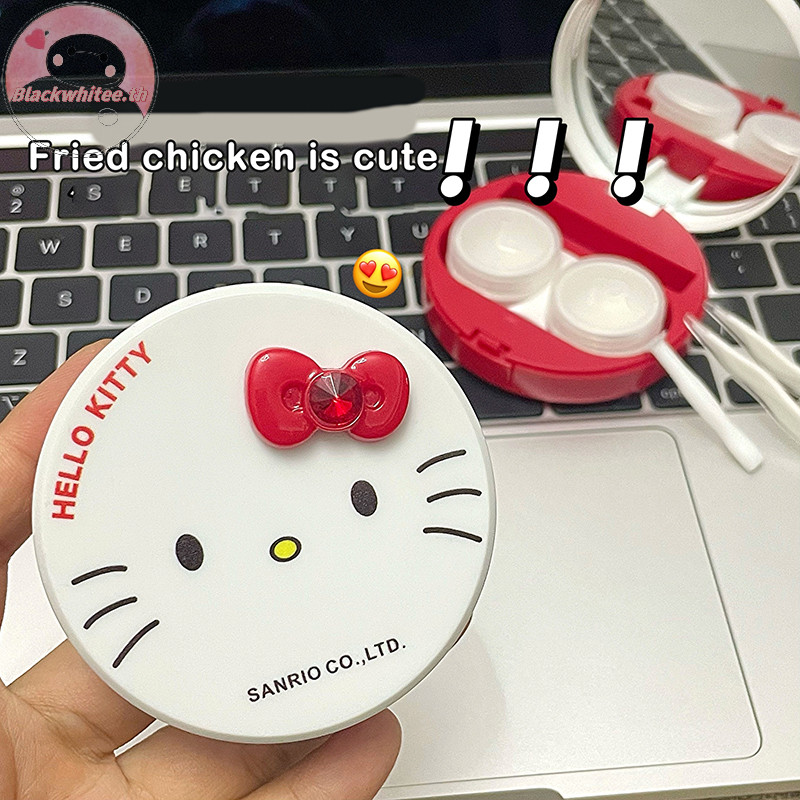 Bwhte Hello Kitty คอนแทคเลนส์กรณีการ์ตูน Sanrio Beauty นักเรียนกล่องเก็บแบบพกพาเลนส์คอนเทนเนอร์ W/Wearing Stick Tweezer .