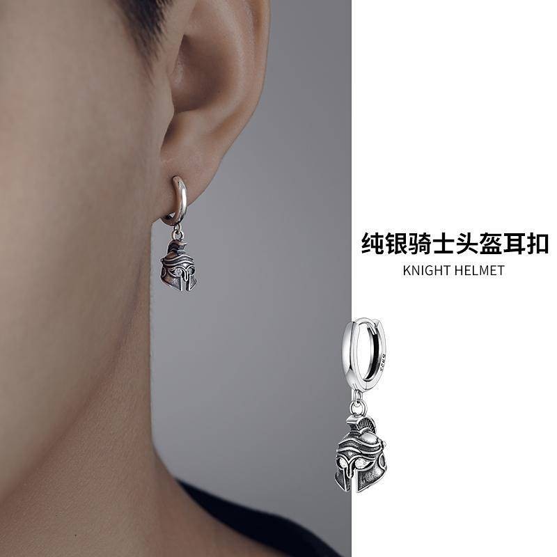Sterling Silver Earrings Men's High-Grade Cold Knight Helmet Earrings Fashion Brand All-Matching Sin