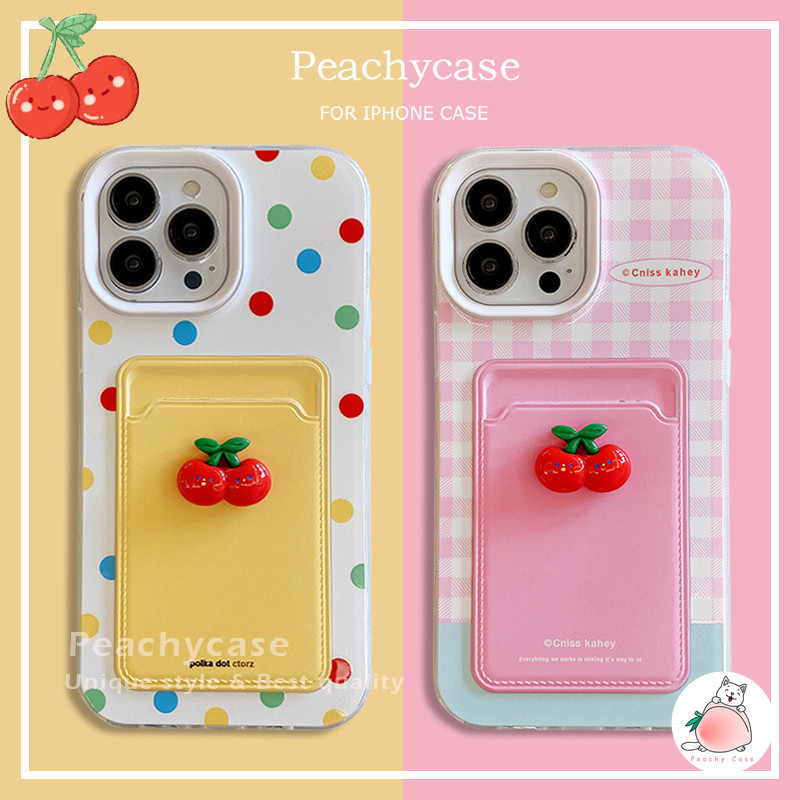 เกาหลี 3D Cherry สีสัน Wave Point สีชมพู Checkered Stripes 3 ใน 1 ช่องใส่การ์ดเคสโทรศัพท์สําหรับ iPhone 15 14 Plus 13 12 11 Pro Max Xr X Xs 8 7 SE2020 6 TPU กันกระแทกมือถือปลอก