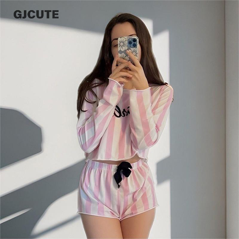 Gjcute 2 ชิ้นลายพิมพ์ชุดนอนเสื้อแขนยาวกางเกงขาสั้นผู้หญิงชุดนอนชุด WTD