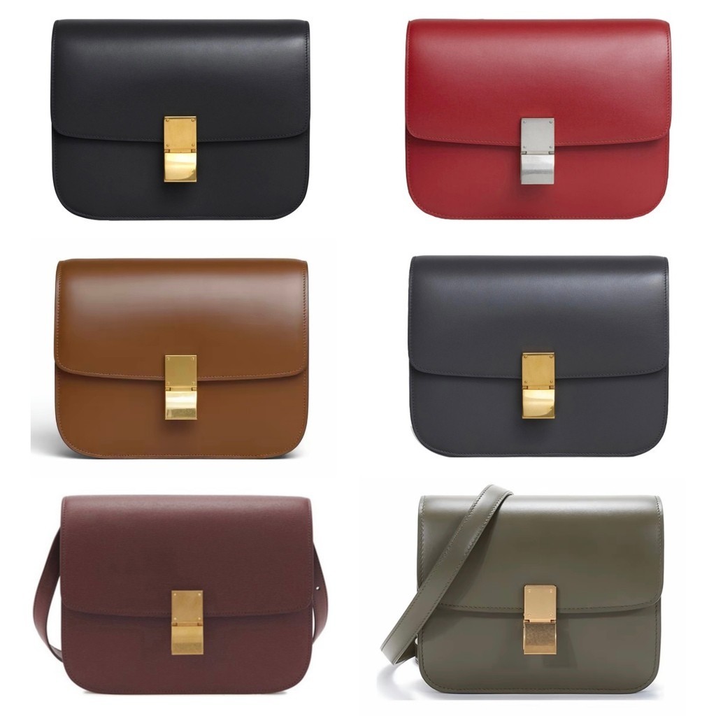 Celine/Classic Box/Gold Buckle/หนังวัว/Simple Square Bag/กระเป๋าสะพาย/ของแท้ 100%