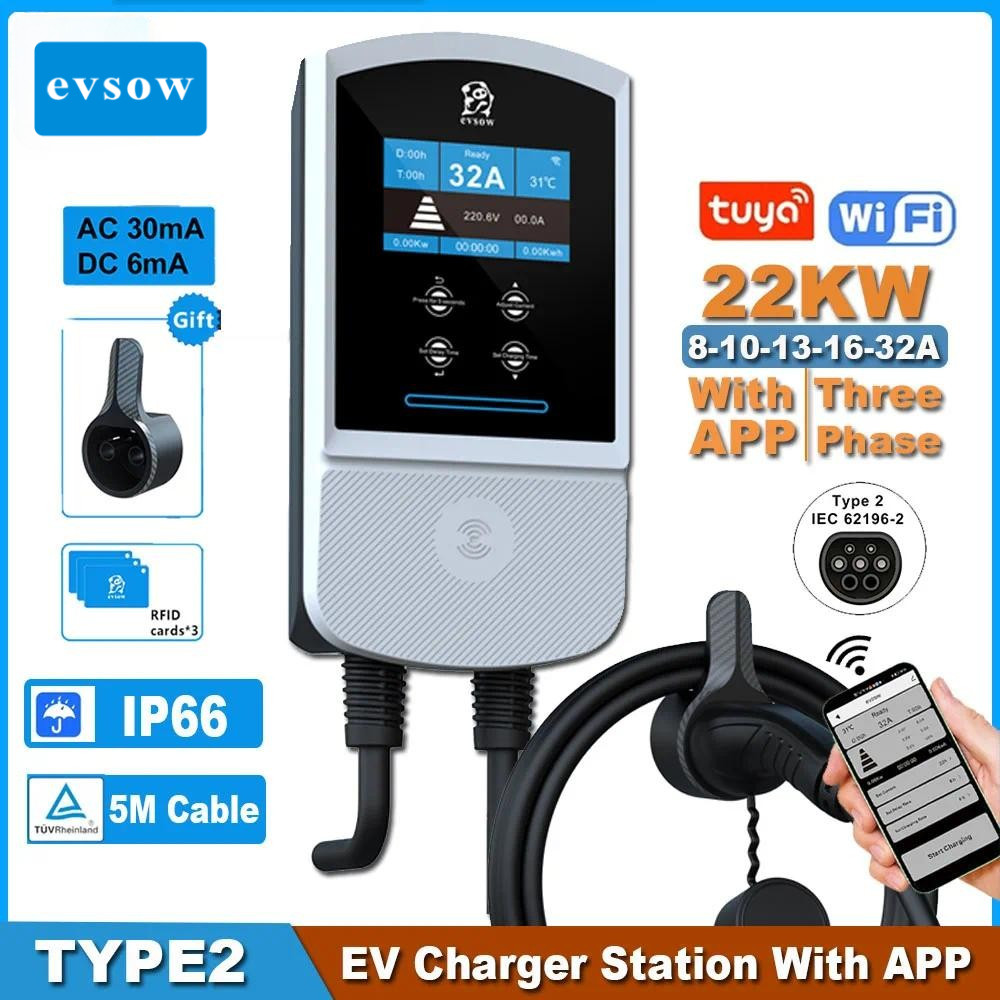 Evsow Type2 EV สถานีชาร์จ 32A 7KW ไฟฟ้ารถชาร์จ EVSE Wallbox 11KW 22KW 3Phase Type2 IEC62196-2 ซ็อกเก็ต APP ควบคุม - 2 year warranty